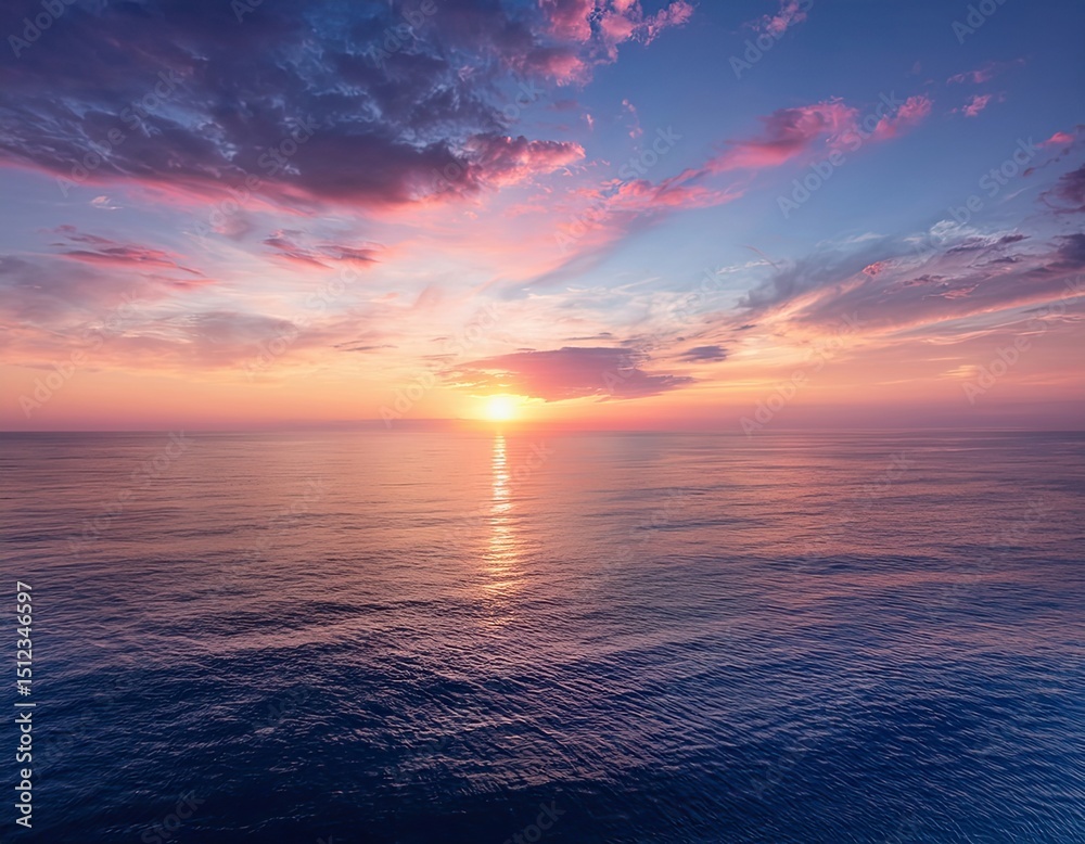 Obraz premium Peaceful Ocean Sunset with Colorful Sky and Calm Waves – Tranquil Seascape Horizon