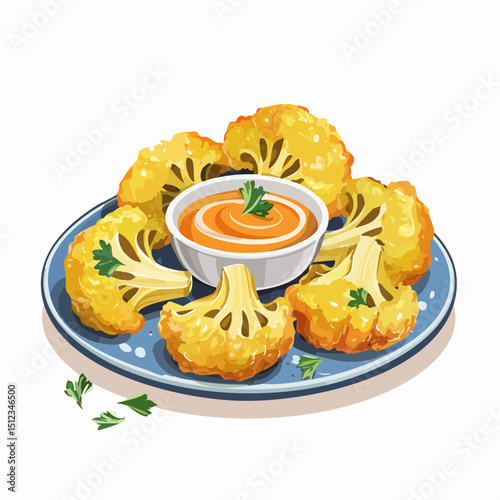 Roasted Cauliflower with Creamy Orange Dip on a Blue Plate