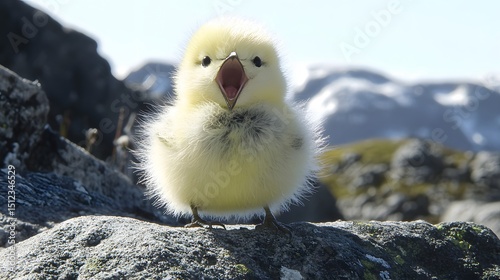 Adorable Fluffy Baby Bird Chick on Rock Mountain Peak