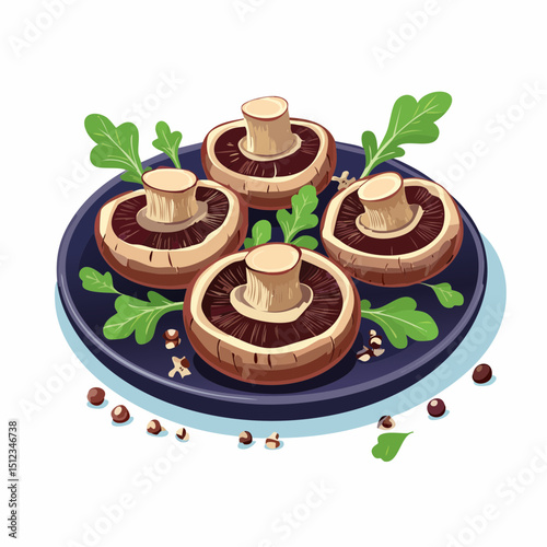 Roasted Mushrooms with Arugula on a Dark Plate