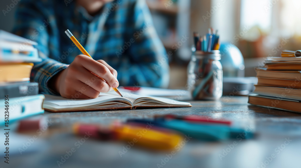 Fototapeta premium Student writing in notebook at desk with books and stationery.