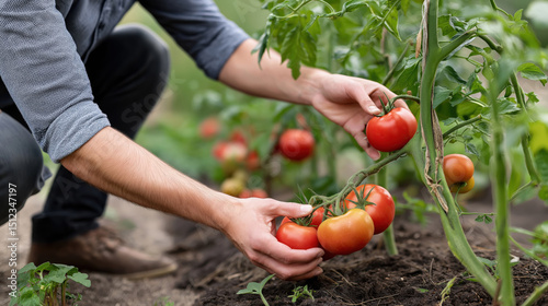 Man Harvesting Ripe Red Tomatoes from Garden Plant