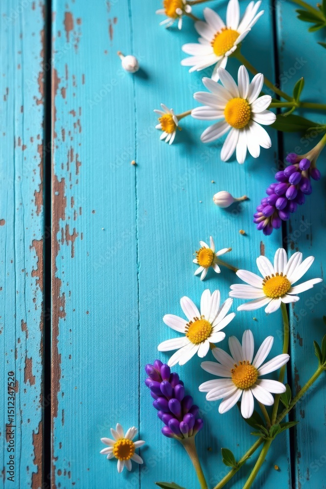 Fototapeta premium Delicate lavender & chamomile blossoms scattered on rustic blue wood , blue background, white, photography