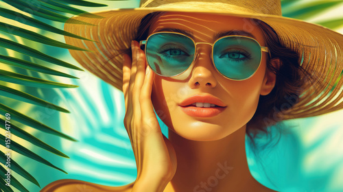 Stylish woman in sunglasses and straw hat under tropical sunlight