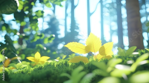 Sunlight Illuminates Yellow Leaves in Lush Forest Moss