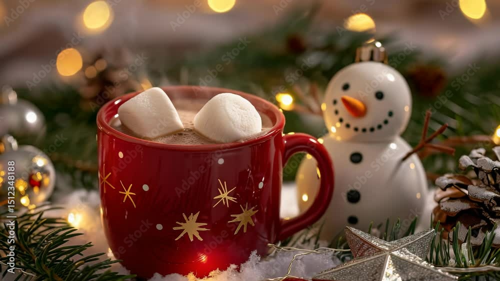 A steaming cup of hot cocoa with marshmallows is nestled among Christmas decorations, including a snowman and star ornament on a snowy surface, creating a warm, festive holiday scene.