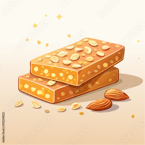 Two Golden Granola Bars with Almonds and Oats Pixel Art Illustration