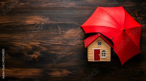 Red Umbrella Protecting Small House Model on Wood