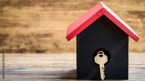 Black House Red Roof Wooden Key Home Ownership Concept