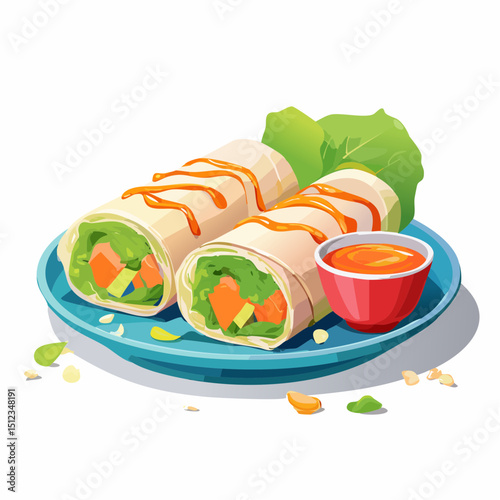 Two Vegetable Spring Rolls on a Blue Plate with Orange Dipping Sauce