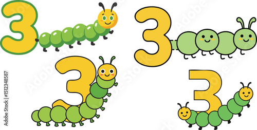 Cute Caterpillars with Number Three