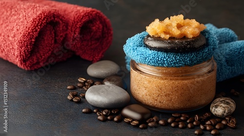 Luxurious Coffee Scrub in Glass Jar with Stones and Towels