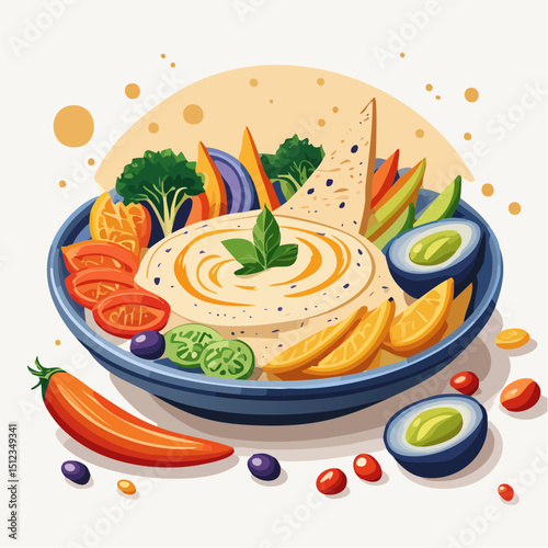 Vibrant Hummus Bowl with Fresh Vegetables and Pita Bread