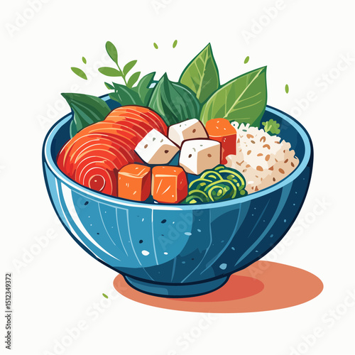 Vibrant Illustration of a Blue Bowl with Salmon Tofu and Rice