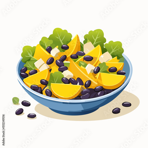 Vibrant Mango Black Bean Salad with Kale and Cheese in a Blue Bowl