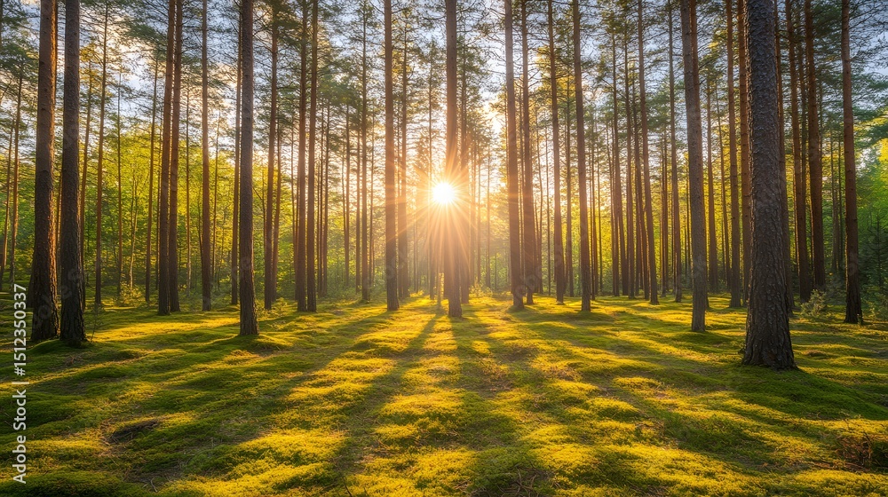 Obraz premium Golden Hour Sunlight in Lush Pine Forest