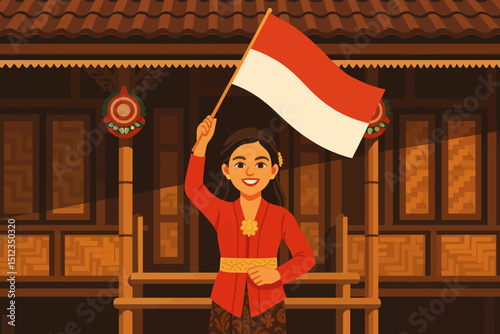 Indonesia Independence Day Celebration. Sundanese Girl With Traditional Clothes Waving Indonesia Flag in Front of Traditional Bamboo House