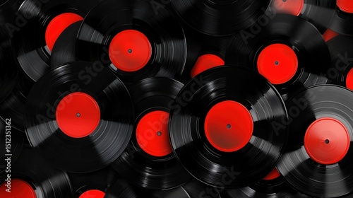 A pile of black vinyl records with red circular centers.