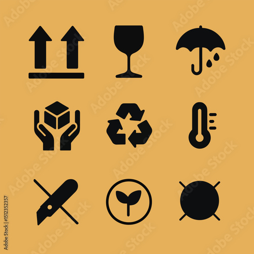 Packaging Icons Set for Cargo Shipping and Product Label Symbols Vector Collection for Boxes, Labels, and Logistics Signs.