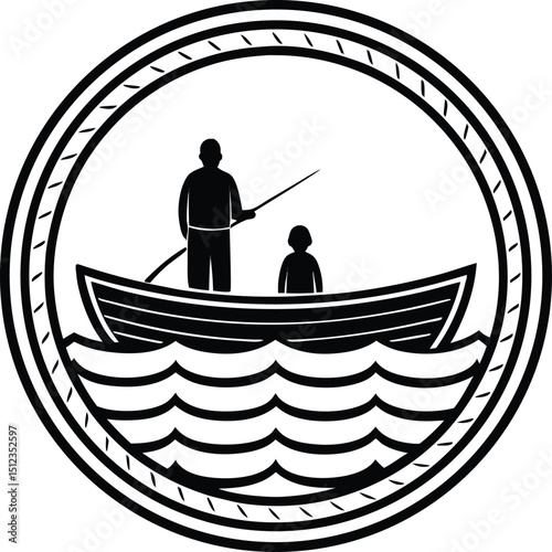 Father and child fishing in rowboat ocean