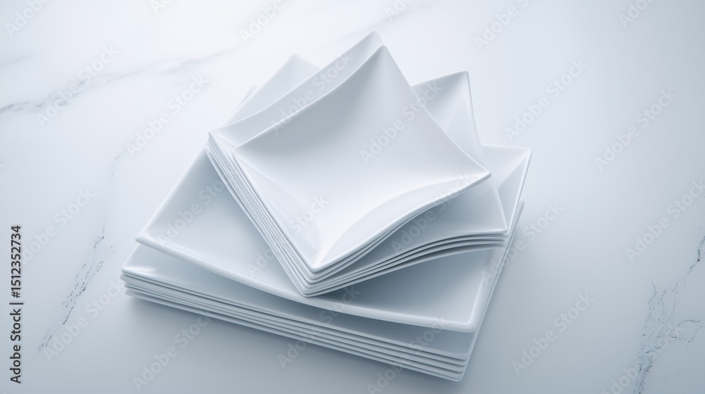 A stack of white plates on a marble countertop. A stack of white plates on a marble countertop.