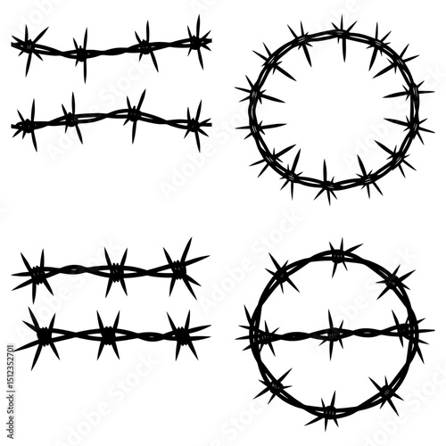 Illustration of barbed wire in straight lines and circular shapes on a white background design element