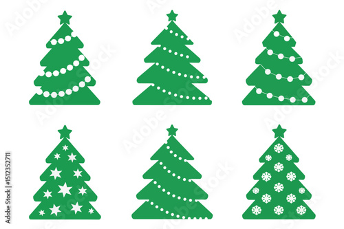 Six Green Christmas Trees with Different Decorations