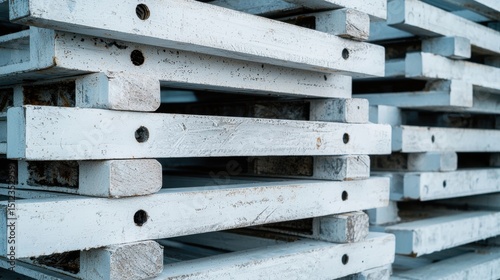 A stack of weathered white wooden planks.