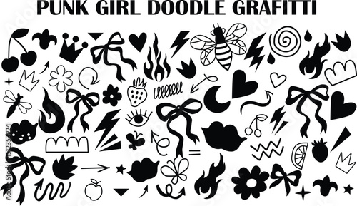 Punk girl doodle grafitti. Bow girly tattoo. Cute hand drawn heart, cherry, bow. Rock star vintage grunge vector. Punk tattoo icon set. Sketch scribble shape. Chalk ribbon flower kiss.	