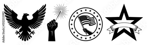 American patriotic symbols eagle wings fist star liberty torch silhouette collection for fourth july
usa independence day