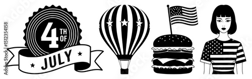 Patriotic independence day celebration symbols fourth july badge balloon burger person silhouette collection set