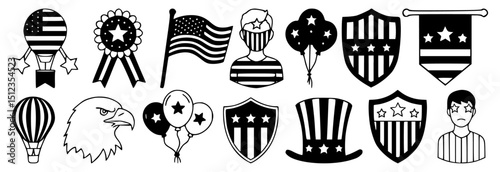 Exclusive 4th of july icon set featuring eagle balloons shields and flag banner for for independence day and national celebrations