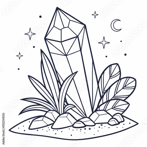 Geometric Quartz Crystal Line Art Vector
