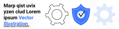 Gear icons beside a shield with a checkmark emphasize security, functionality, and optimization. Ideal for cybersecurity, system design, reliability, safety, control, and a simple landing page