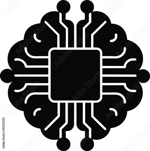 Filled Silhouette AI Brain Chip Vector Illustration for Artificial Intelligence