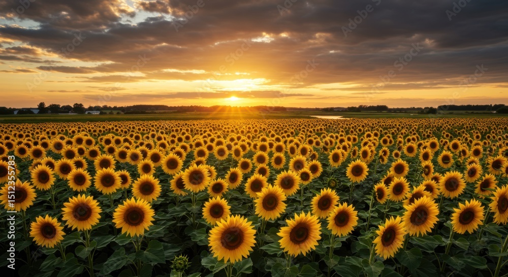 Obraz premium Sunflower Field at Sunset Agricultural Landscape Farming
