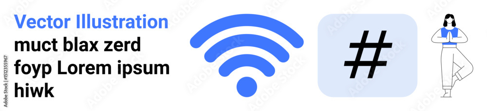 Obraz premium wireless signal icon, metadata tag symbol, and person meditating in a serene yoga pose. Ideal for technology, mindfulness, social media, balance, communication, networking simple landing page