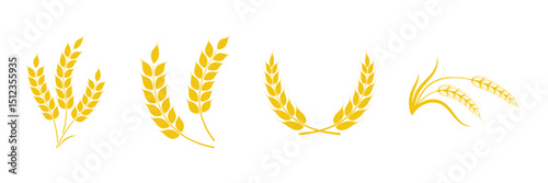 Wheat spikes, Wheats ears icon set, Harvest wheat grain, growth rice stalk and whole bread grains or field cereal nutritious.