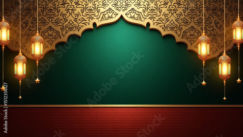 Elegant golden vintage floral damask frame for a luxurious stage background with a chandelier photo