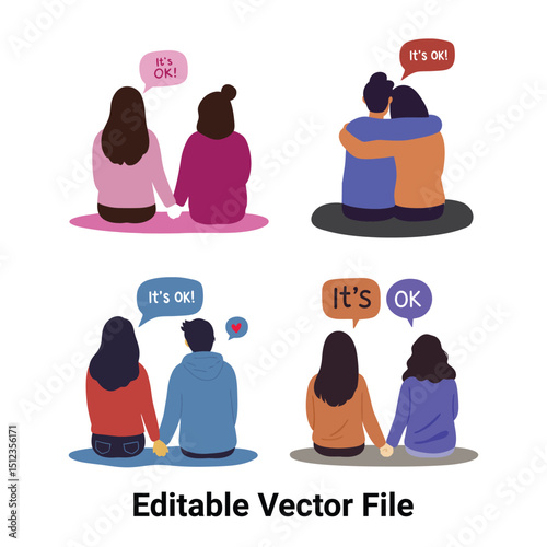 Supportive Couple and Friends Sitting Together Vector – Mental Health, Emotional Care, It's OK Illustration – Editable EPS Design .