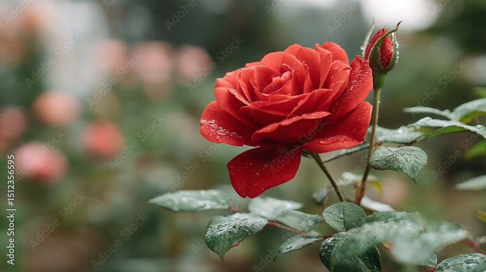Obraz premium Red Rose Blossom and Bud with Water Droplets in Outdoor Garden