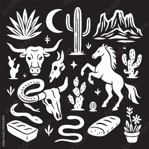  Linocut western boho set vector, Texas desert engraving print collection, vector canyon wildlife, cactus. 
Texture grunge Arizona rodeo graphics, bull, horse, snake, skull silhouette