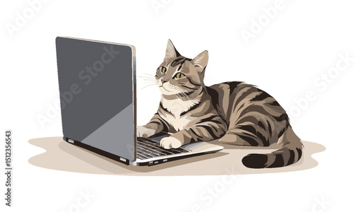 A modern vector illustration of a realistic tabby cat using a laptop, the cat is lying down with one paw resting on the keyboard, looking upward with curiosity, easily scalable and editable.