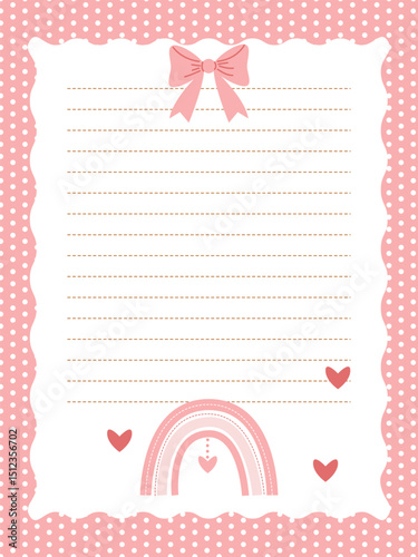 Cute page template for notebook or diary in pink color with rainbow and bow