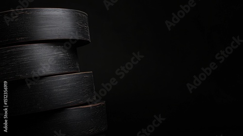 A stack of black cylindrical objects with a textured surface.