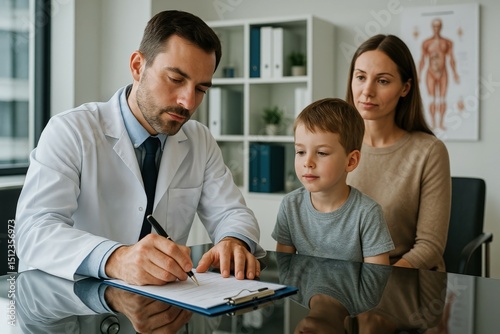 Modern pediatric consultation in a bright office with a doctor, child, and parent