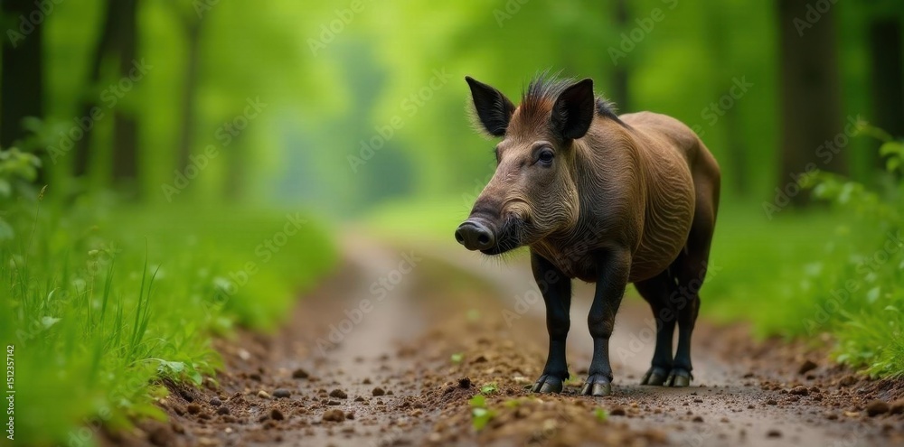 Fototapeta premium Muddy wild boar on rural road, green trees backdrop, side view, mammal, outdoor
