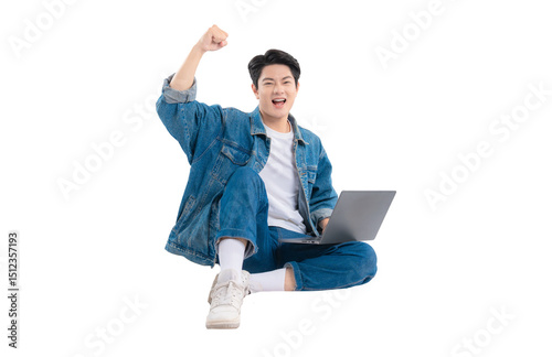 Full body image of Asian guy using laptop on png background	
