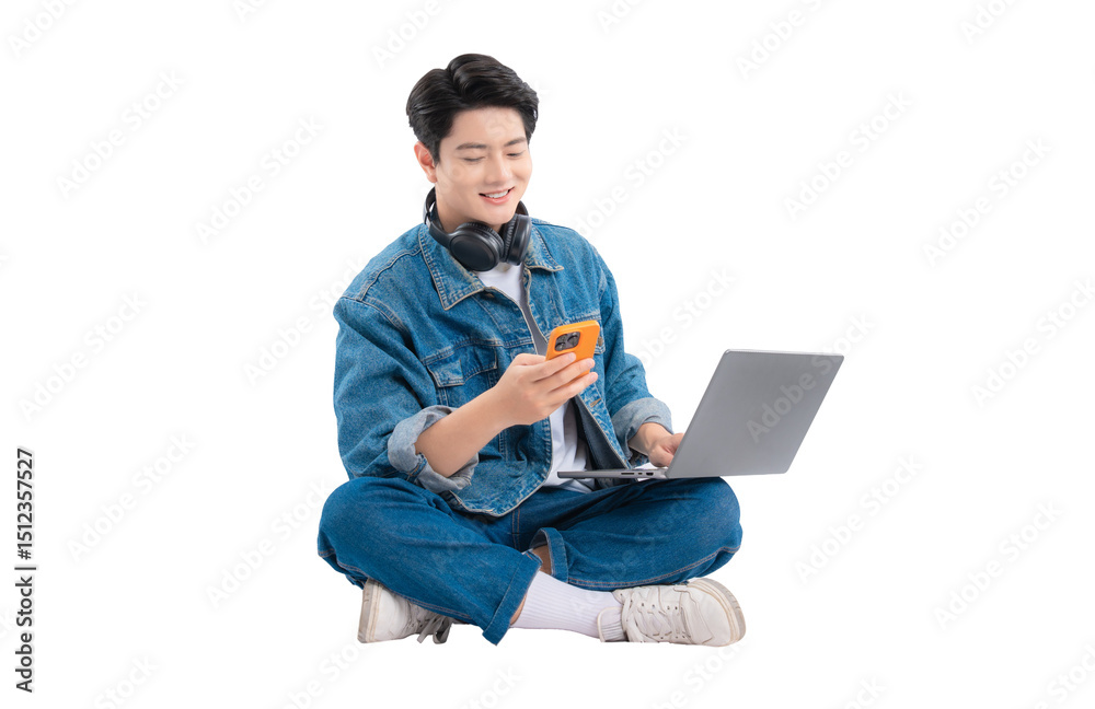 Full body image of Asian guy using laptop and phone on png background Full body image of Asian guy using laptop and phone on png background