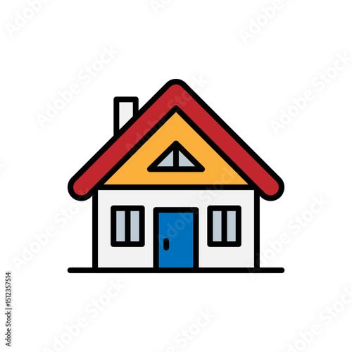 Cartoon house icon. Family house with red roof and windows